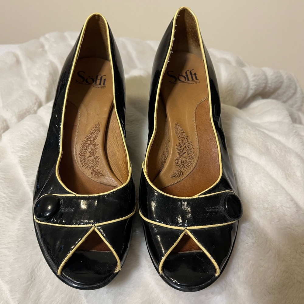 Softt 7M Black Tan Peep Toe Patent Leather City Workwear Office Spring Pumps NYC
